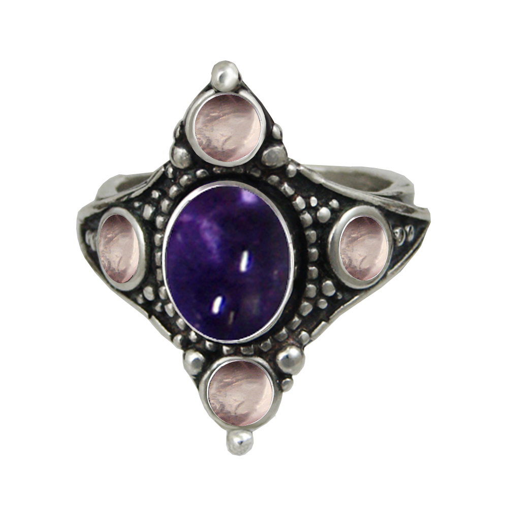 Sterling Silver Renaissance Queen's Ring With Iolite And Rose Quartz Size 9 Sterling Silver Renaissance Queen's Ring With Iolite And Rose Quartz Size 9